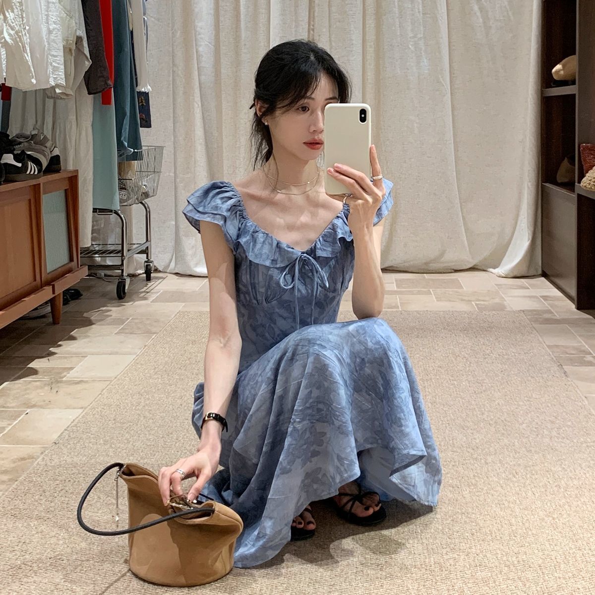 Midi Skirt Floral - Blue Floral Print Dress Women's Summer
