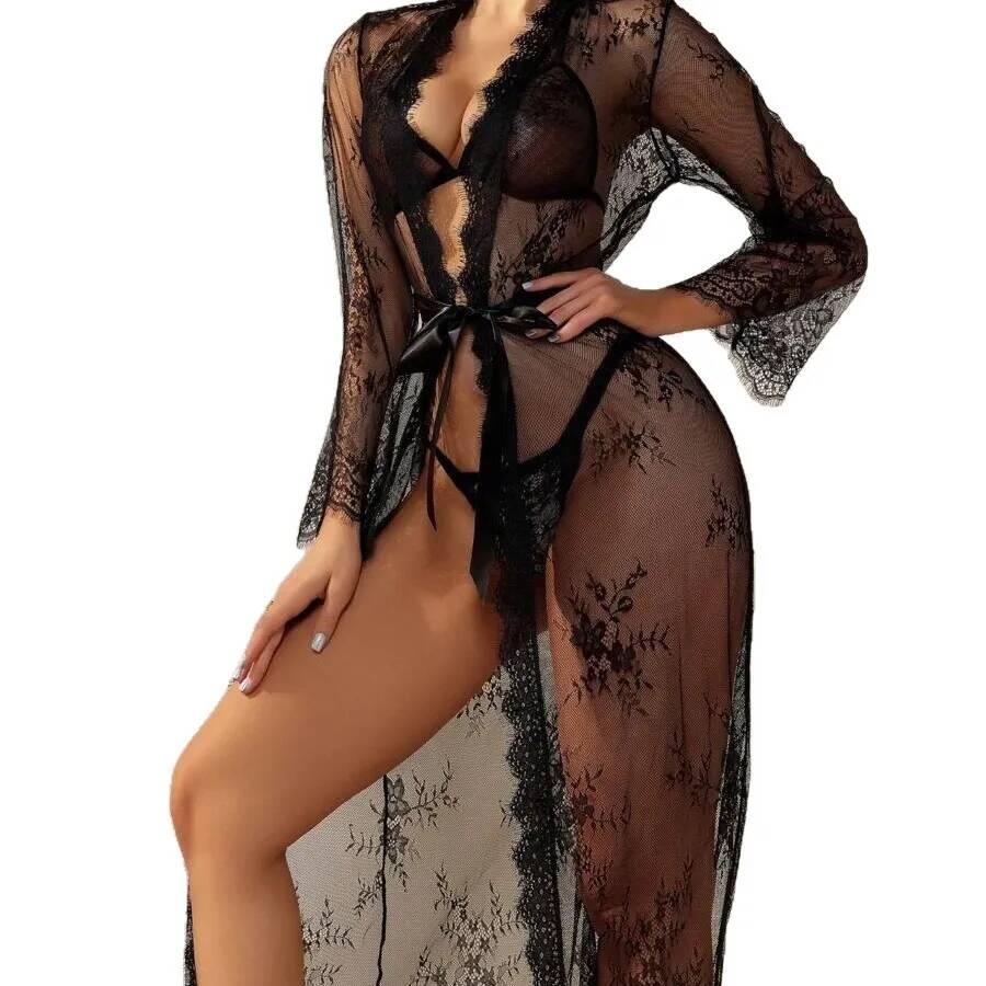 Black Lace Sheer Long Robe For - Kimono Sheer Floral review and price