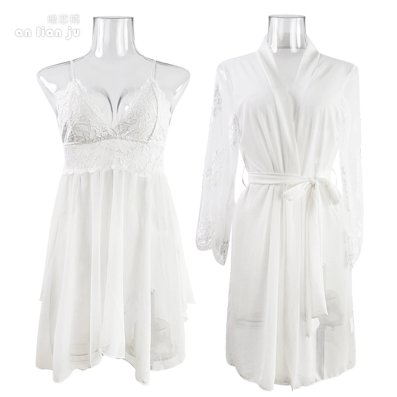 Women White Nightwear Set Flor - Kimono Sheer Floral review and price