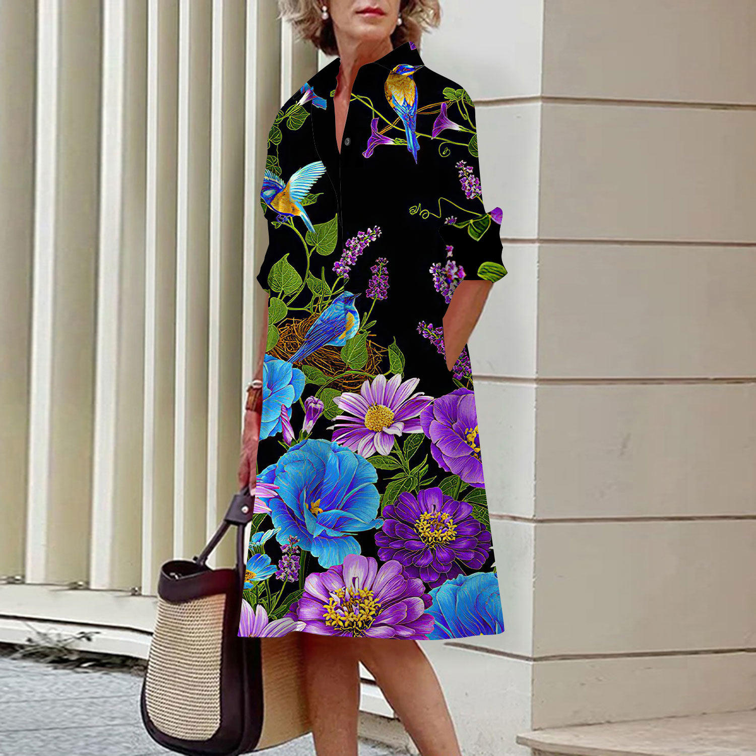 Floral Pattern Shirt Dress Ele - Midi Skirt Floral review and price