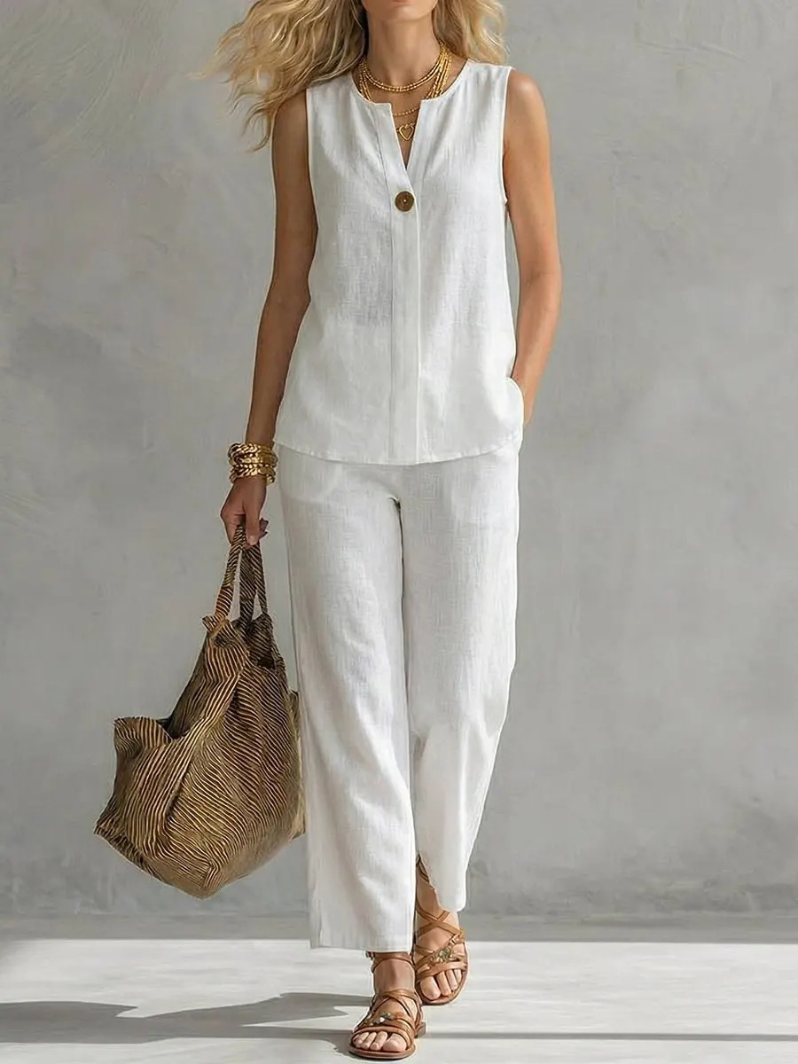 Single Button Sleeveless Linen - Linen Pant Wide review and price