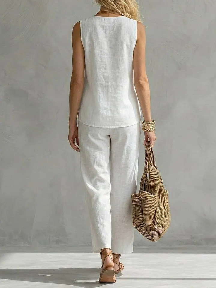 Single Button Sleeveless Linen - Linen Pant Wide review and price