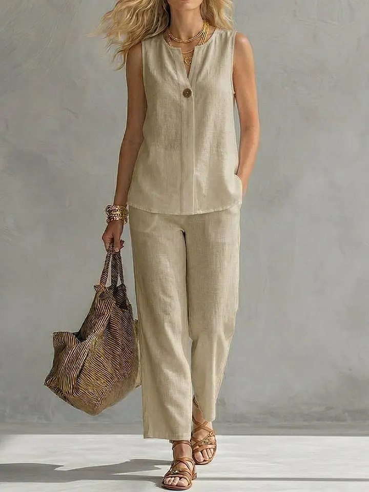 Single Button Sleeveless Linen - Linen Pant Wide review and price