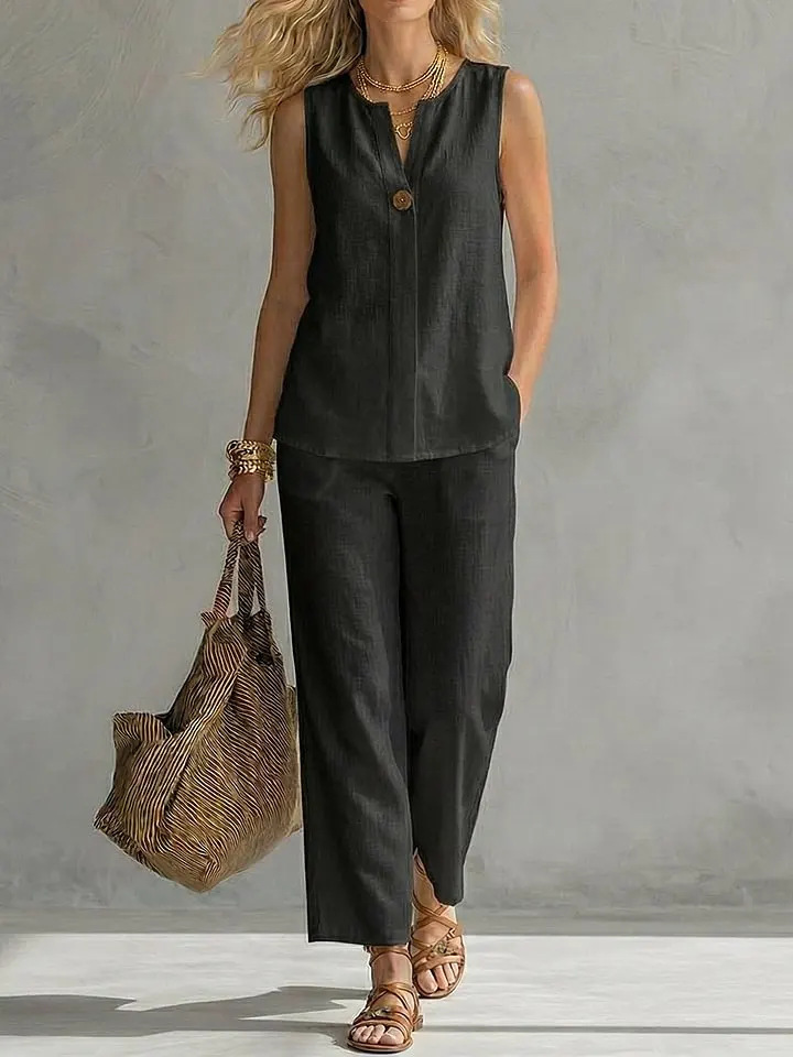 Single Button Sleeveless Linen - Linen Pant Wide review and price